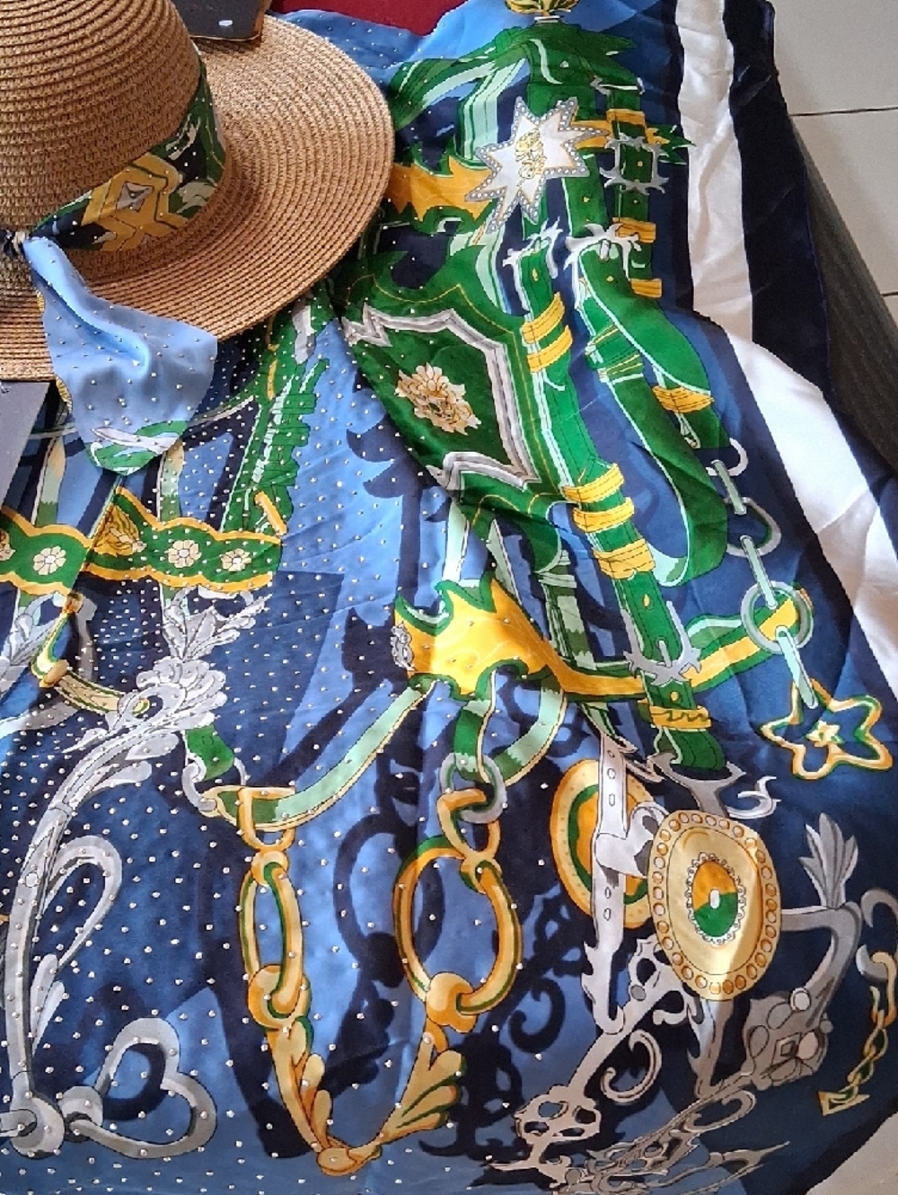 Adrienne Vittadini Blue, Green & Navy Silk Resort Kimono &  Straw Hat Set. NWT. - Picture 4 of 16